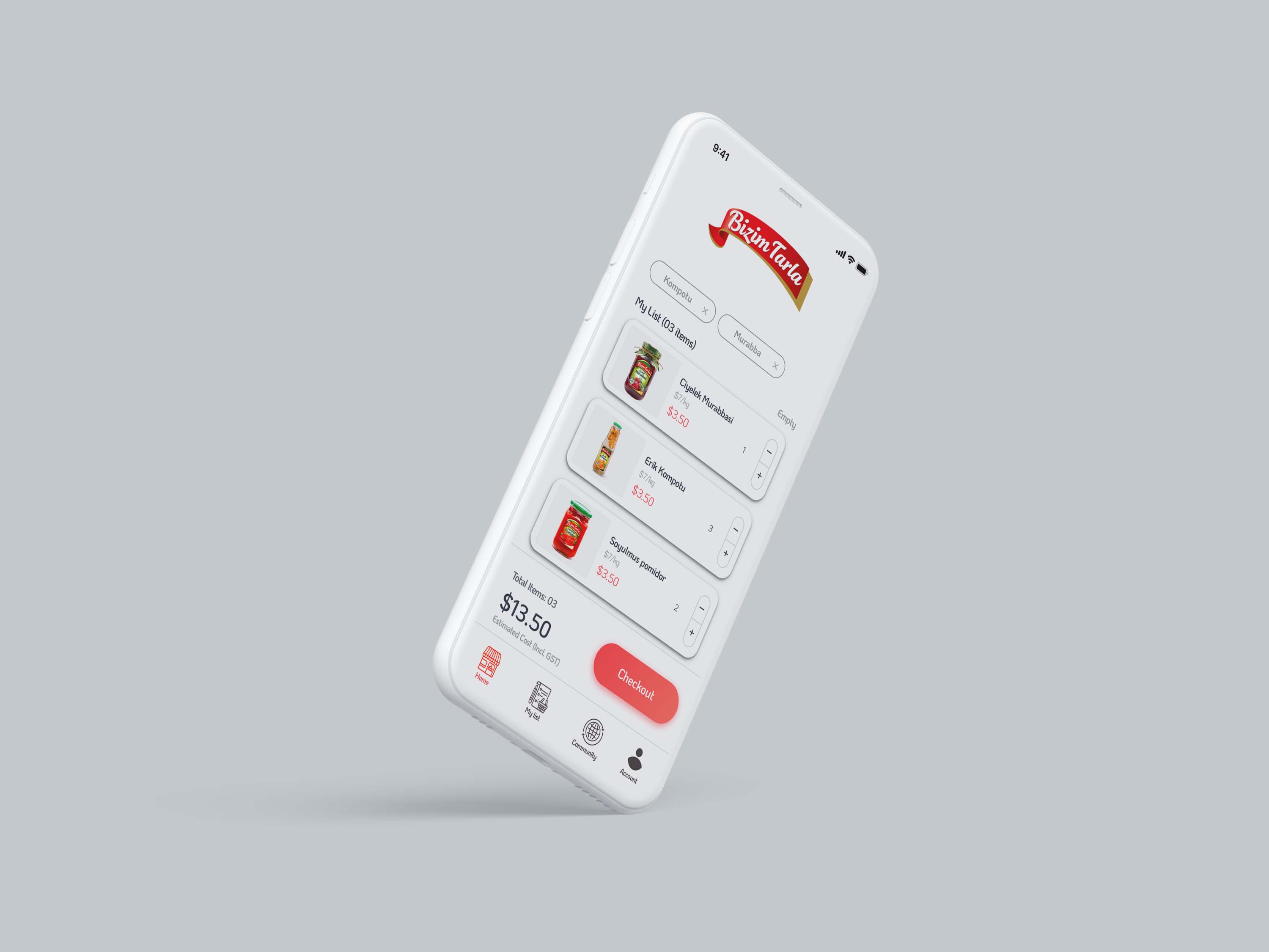 Bizim Tarla — Checkout screen with product list and total